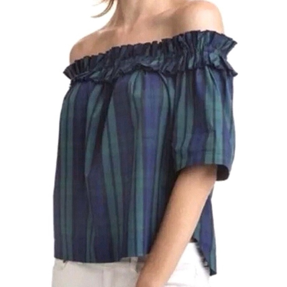 Vineyard Vines Women L Deep Bay Blackwatch Plaid Off The Shoulder Poplin Top NWT - Picture 9 of 9